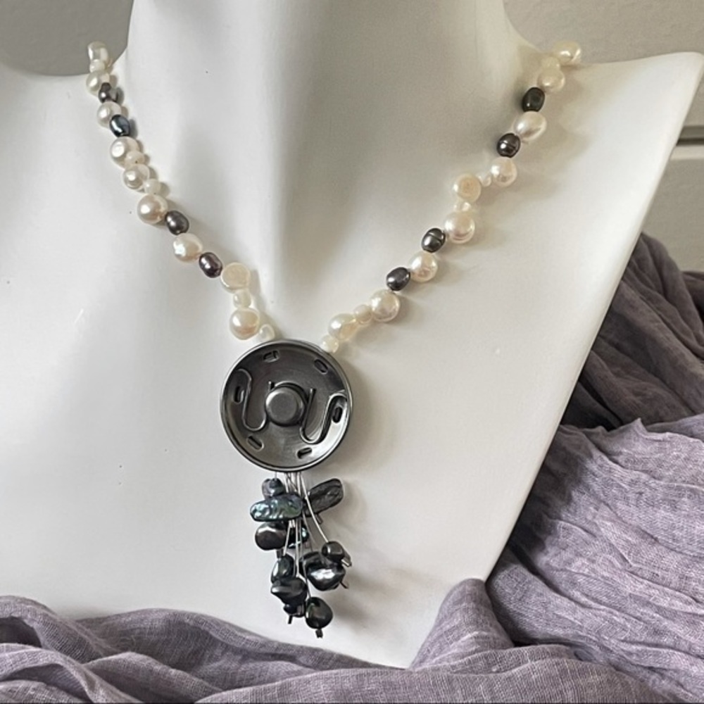 Handmade Statement Necklace Freshwater Pearl Mother of Pearl Snap Upcycle - Picture 3 of 7